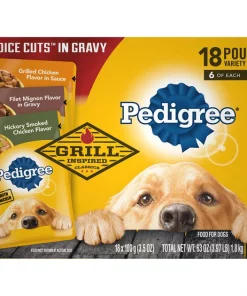 Pedigree Choice Cuts in Gravy Variety Pack, Hickory Smoked Chicken Flavor, Grilled Chicken Flavor in Sauce & Filet Mignon Flavor in Gravy Wet Dog Food Pouches
