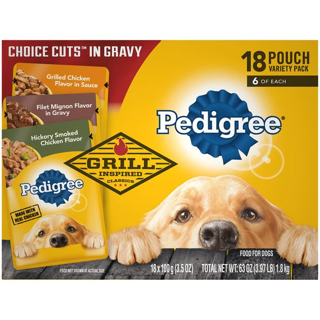 Pedigree Choice Cuts in Gravy Variety Pack, Hickory Smoked Chicken Flavor, Grilled Chicken Flavor in Sauce & Filet Mignon Flavor in Gravy Wet Dog Food Pouches 1 Pedigree Choice Cuts in Gravy Variety Pack, Hickory Smoked Chicken Flavor, Grilled Chicken Flavor in Sauce & Filet Mignon Flavor in Gravy Wet Dog Food Pouches