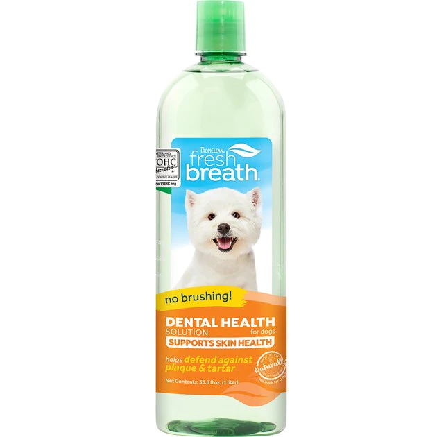 TropiClean Fresh Breath Dental Health Solution + Skin Health Support Dog Dental Water Additive 1 TropiClean Fresh Breath Dental Health Solution + Skin Health Support Dog Dental Water Additive