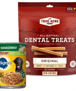 Pedigree||True Acre Foods Pedigree Chopped Ground Dinner Weight Management Chicken & Rice Canned Dog Food + True Acre Foods All-Natural Dental Chew Sticks