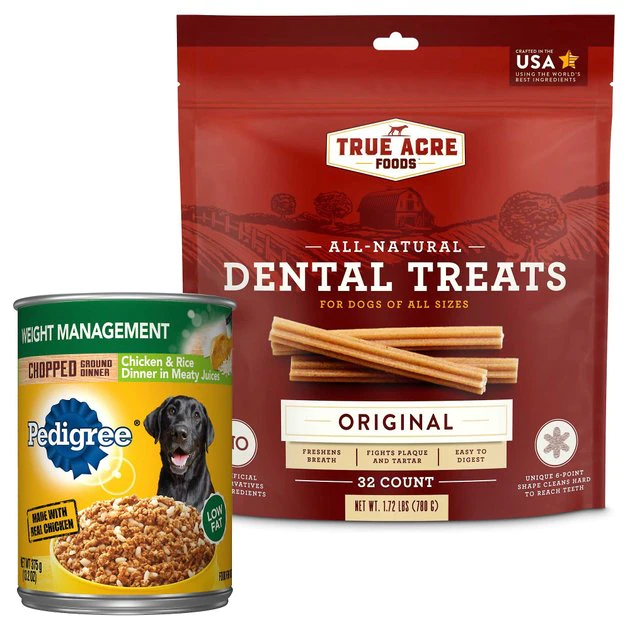 Pedigree||True Acre Foods Pedigree Chopped Ground Dinner Weight Management Chicken & Rice Canned Dog Food + True Acre Foods All-Natural Dental Chew Sticks 1 Pedigree||True Acre Foods Pedigree Chopped Ground Dinner Weight Management Chicken & Rice Canned Dog Food + True Acre Foods All-Natural Dental Chew Sticks