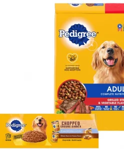 Pedigree Adult Steak Flavor Dry Dog Food + Chopped Ground Dinner Canned Wet Food Combo with Chicken, Liver & Beef & Beef, Bacon & Cheese Flavor Variety Pack