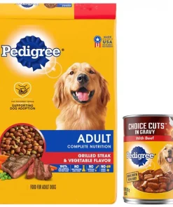 Pedigree Adult Complete Nutrition Steak Flavor Dry Dog Food + Choice Cuts In Gravy Canned Soft Wet Food, with Beef