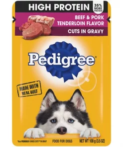 Pedigree High Protein Beef & Pork Tenderloin Flavor Cuts in Gravy Dog Wet Food Pouches, 3.5-oz. pouches, 16 count