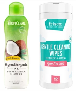 TropiClean||Frisco TropiClean Hypo-Allergenic Shampoo, 20-oz bottle + Frisco Waterless Grooming Wipes for Puppies & Kittens